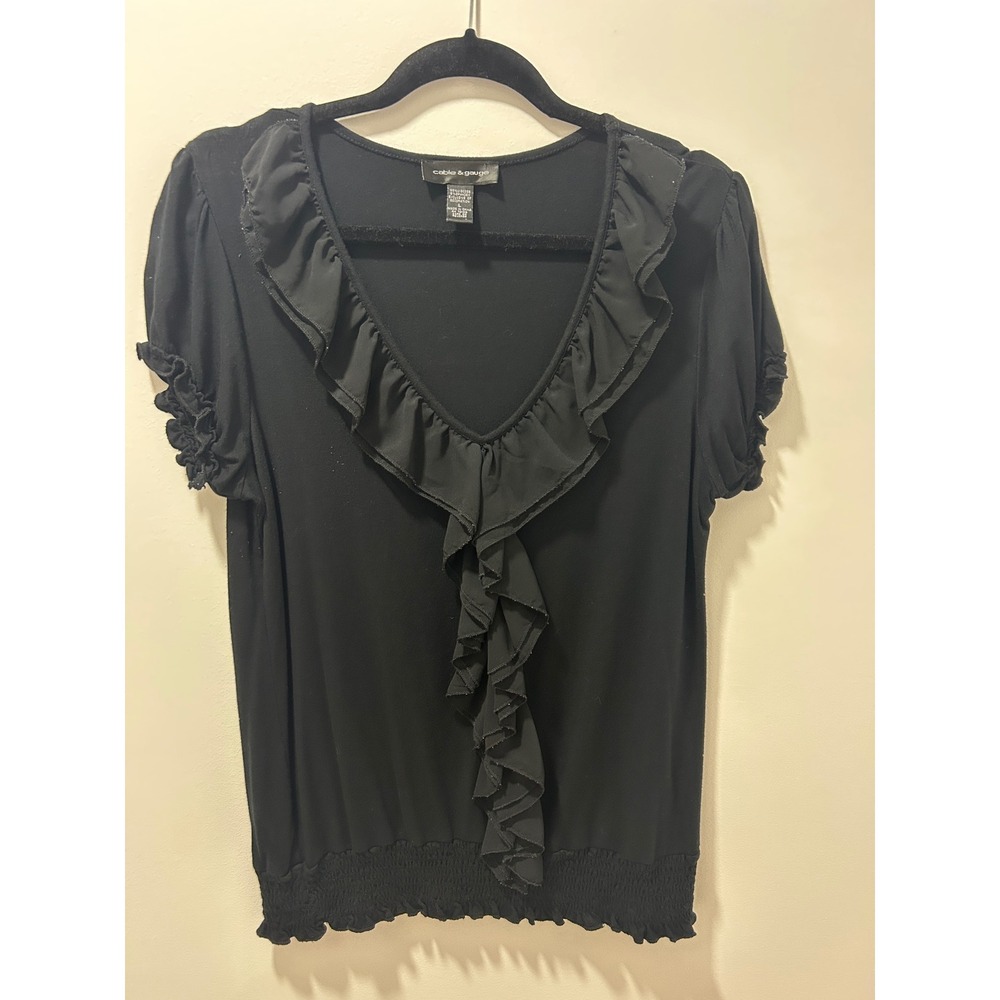 Cable & Gauge Black Ruffle V-Neck Puff Sleeve Smocked‎ Hem Blouse Top Large